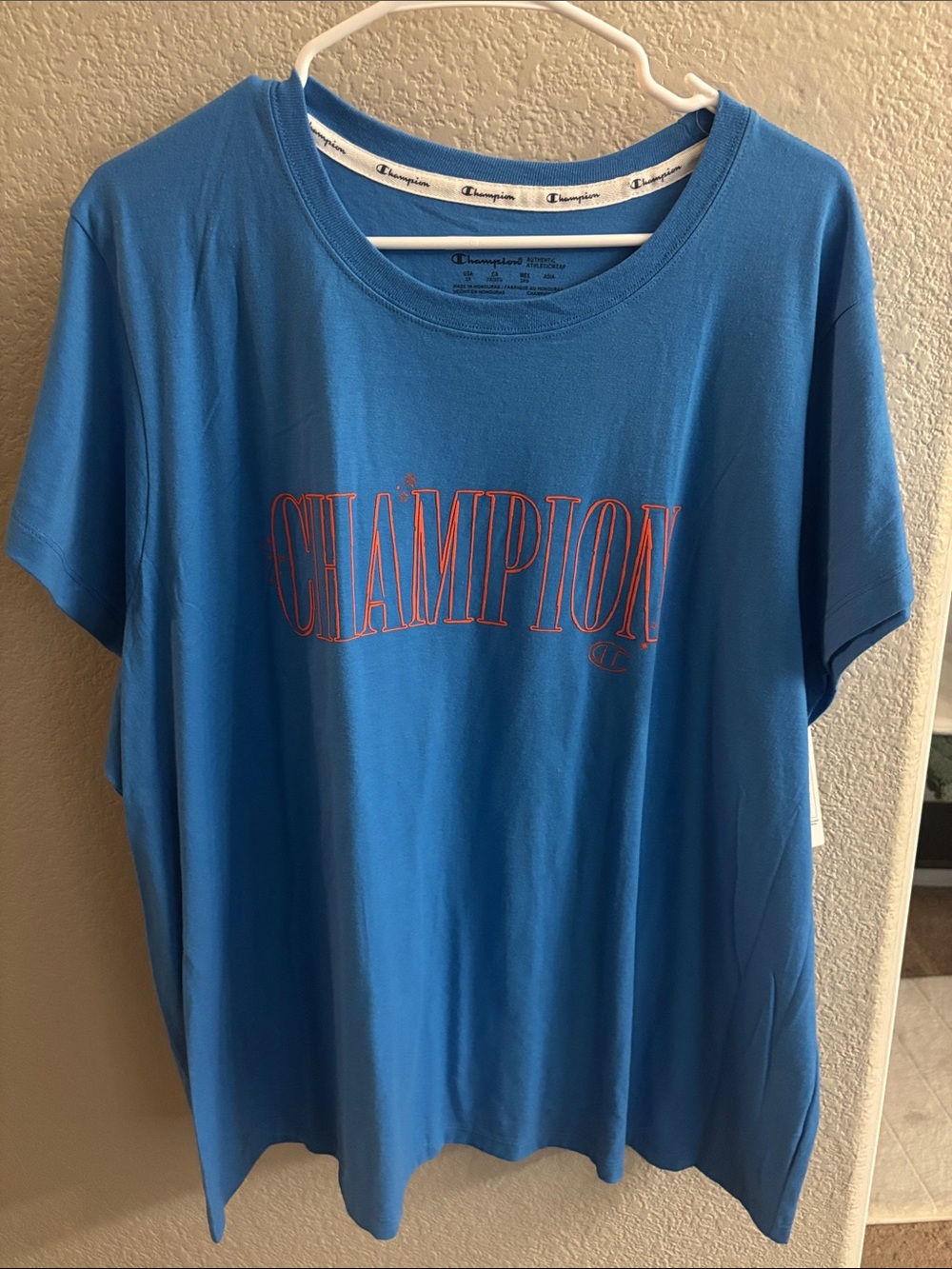 Champion Bright Blue Short Sleeve Tee with Red Outline Logo